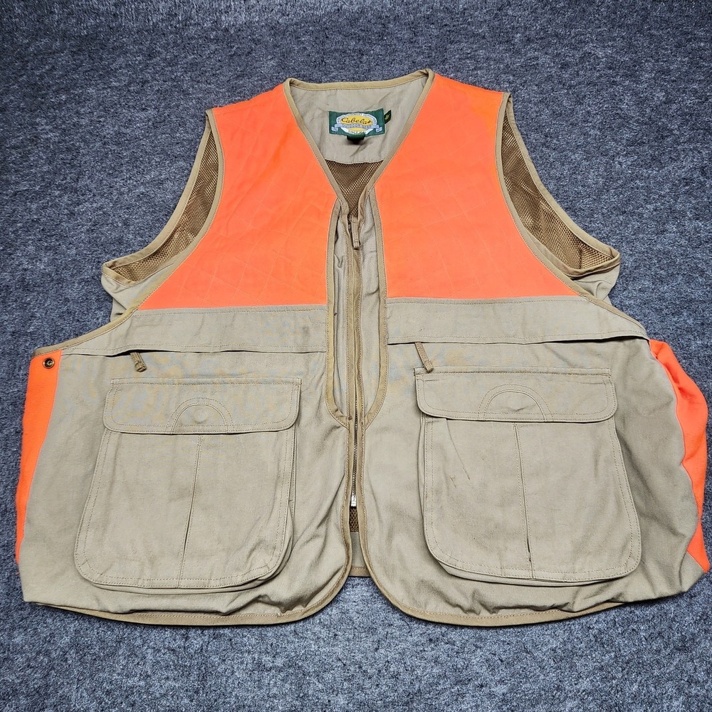 Cabelas Mens Upland Bird Hunting Shooting Vest Blaze Orange Khaki XL
